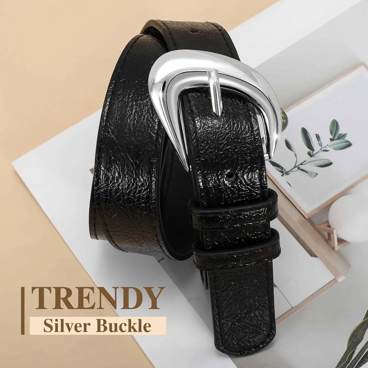 Leather Belt for Women Fashion Ladies Waist Belt with Silver Buckle for Jeans Pants Dress