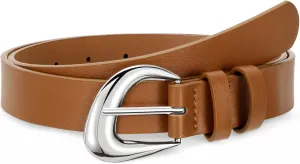 Leather Belt for Women Fashion Ladies Waist Belt with Silver Buckle for Jeans Pants Dress