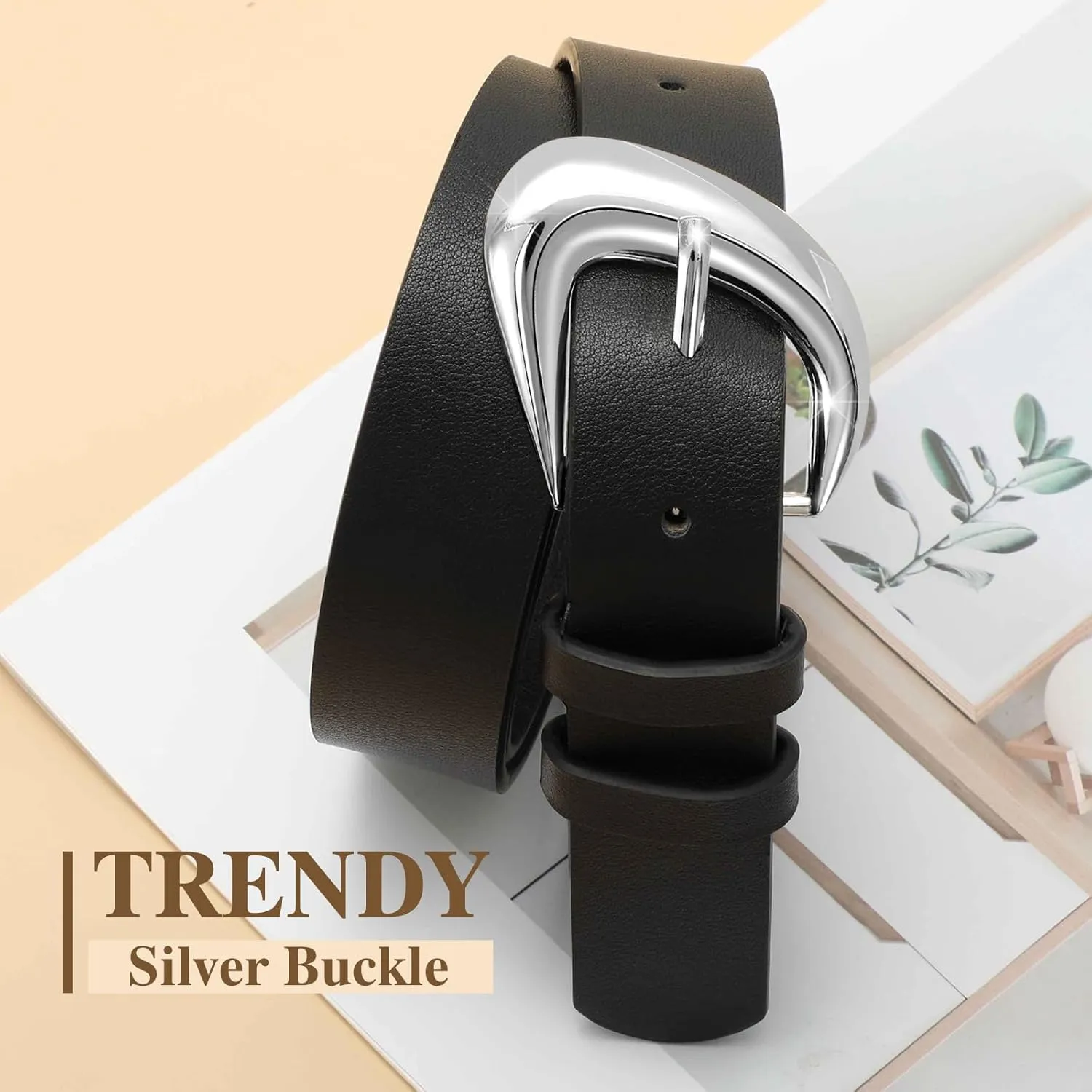 Leather Belt for Women Fashion Ladies Waist Belt with Silver Buckle for Jeans Pants Dress