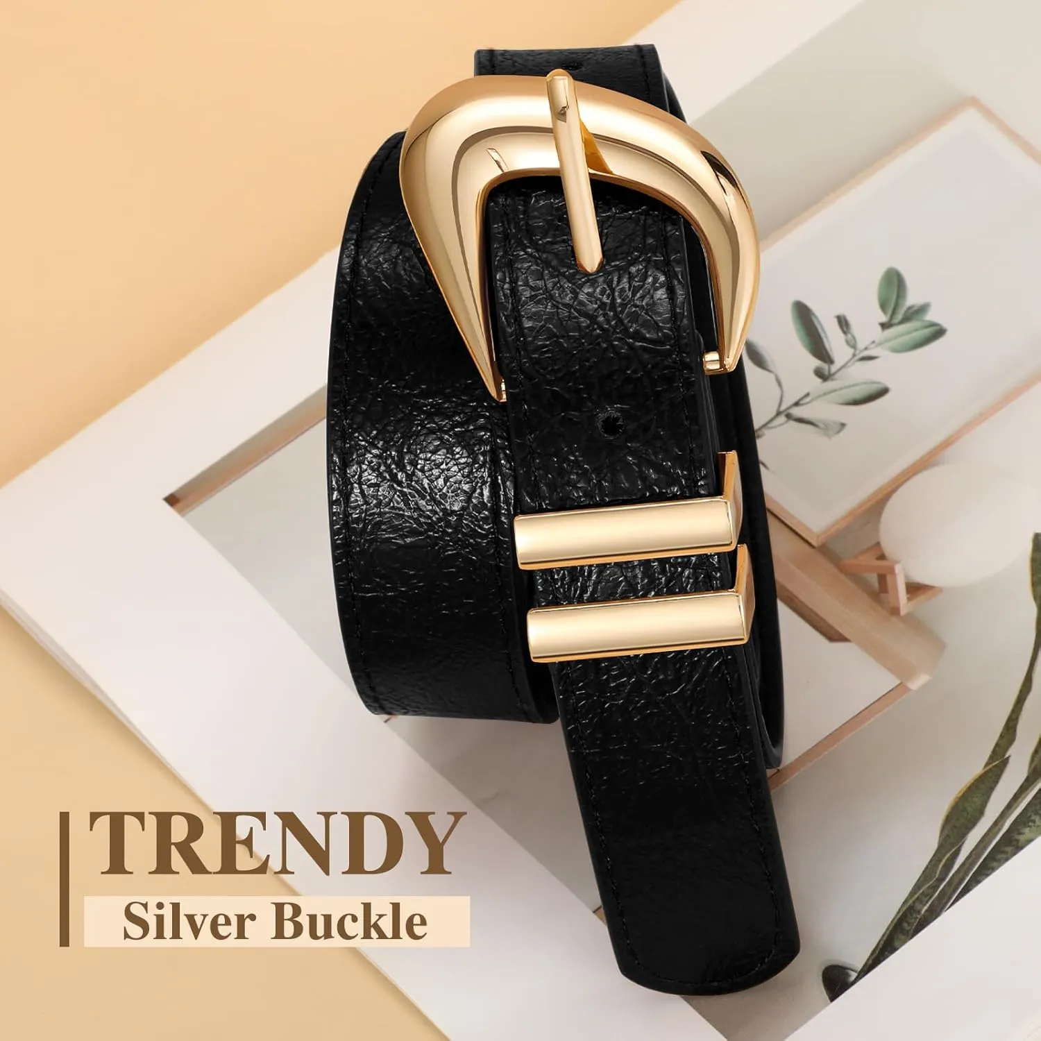 Leather Belt for Women Fashion Ladies Waist Belt with Silver Buckle for Jeans Pants Dress