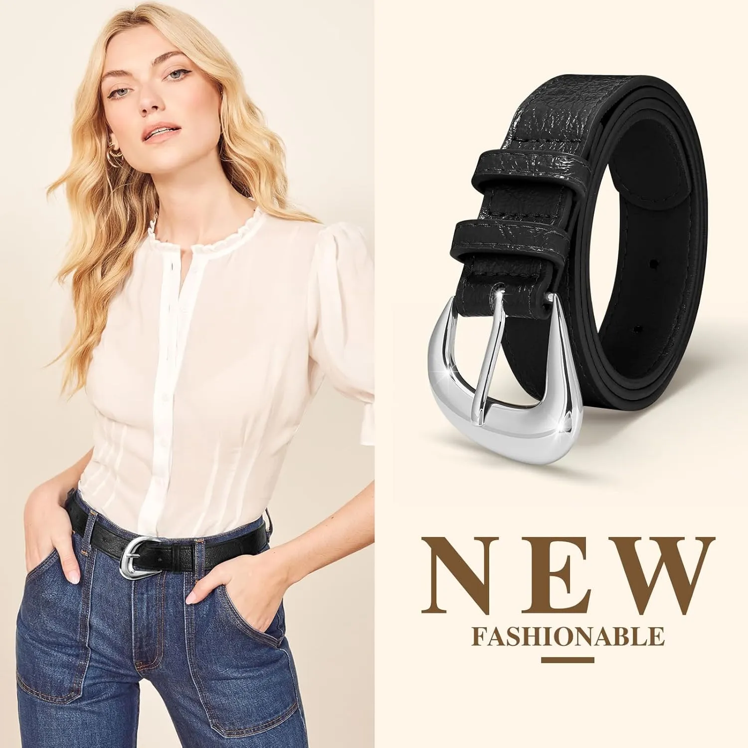 Leather Belt for Women Fashion Ladies Waist Belt with Silver Buckle for Jeans Pants Dress