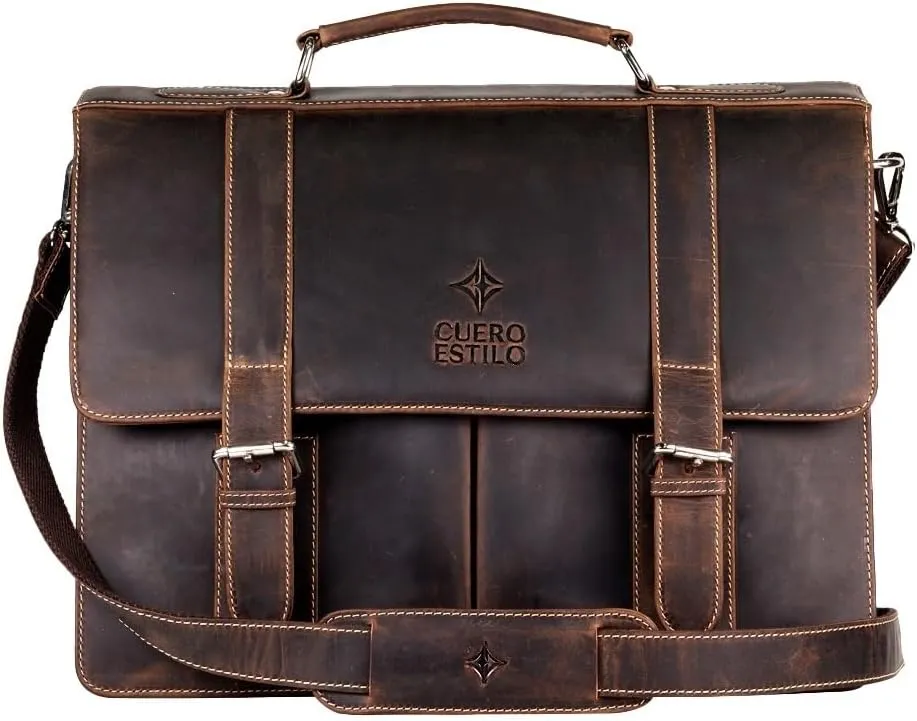 Leather Briefcase (16.1" x 12.2" x 5.5") - Handcrafted Floater Leather, Business & Travel Bag with Laptop Sleeve & Buckle Flap Closure - Durable, Stylish. (Color: Dark Brown)