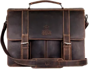 Leather Briefcase (16.1" x 12.2" x 5.5") - Handcrafted Floater Leather, Business & Travel Bag with Laptop Sleeve & Buckle Flap Closure - Durable, Stylish. (Color: Dark Brown)