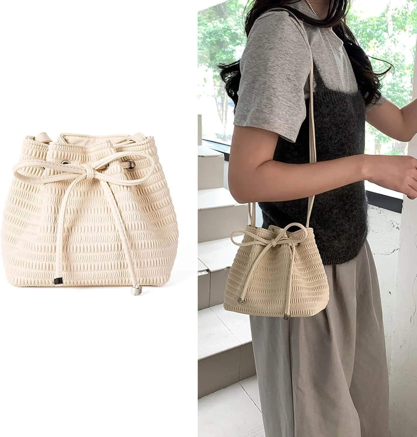 Leather Bucket Bags Drawstring Crossbody Purse for Women Ladies Evening Bag Trendy Shoulder Bag Clutches Purse Handbag