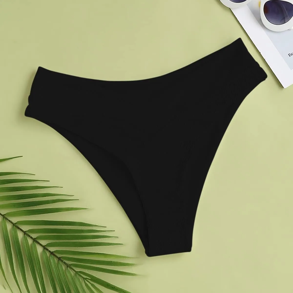 Leoparts Women's V Cut High Waisted Bikini Bottom Ribbed High Cut Cheeky Swimsuit Bathing Suit Bottoms
