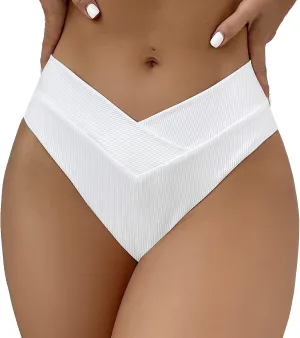 Leoparts Women's V Cut High Waisted Bikini Bottom Ribbed High Cut Cheeky Swimsuit Bathing Suit Bottoms