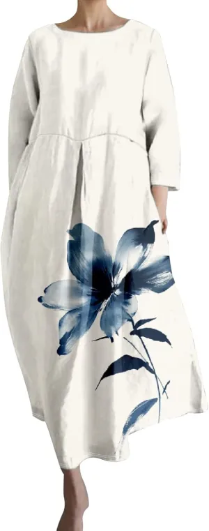 Linen Maxi Dress for Women Vintage Floral Print Plus Size Summer Casual 3/4 Sleeve Dresses with Pockets