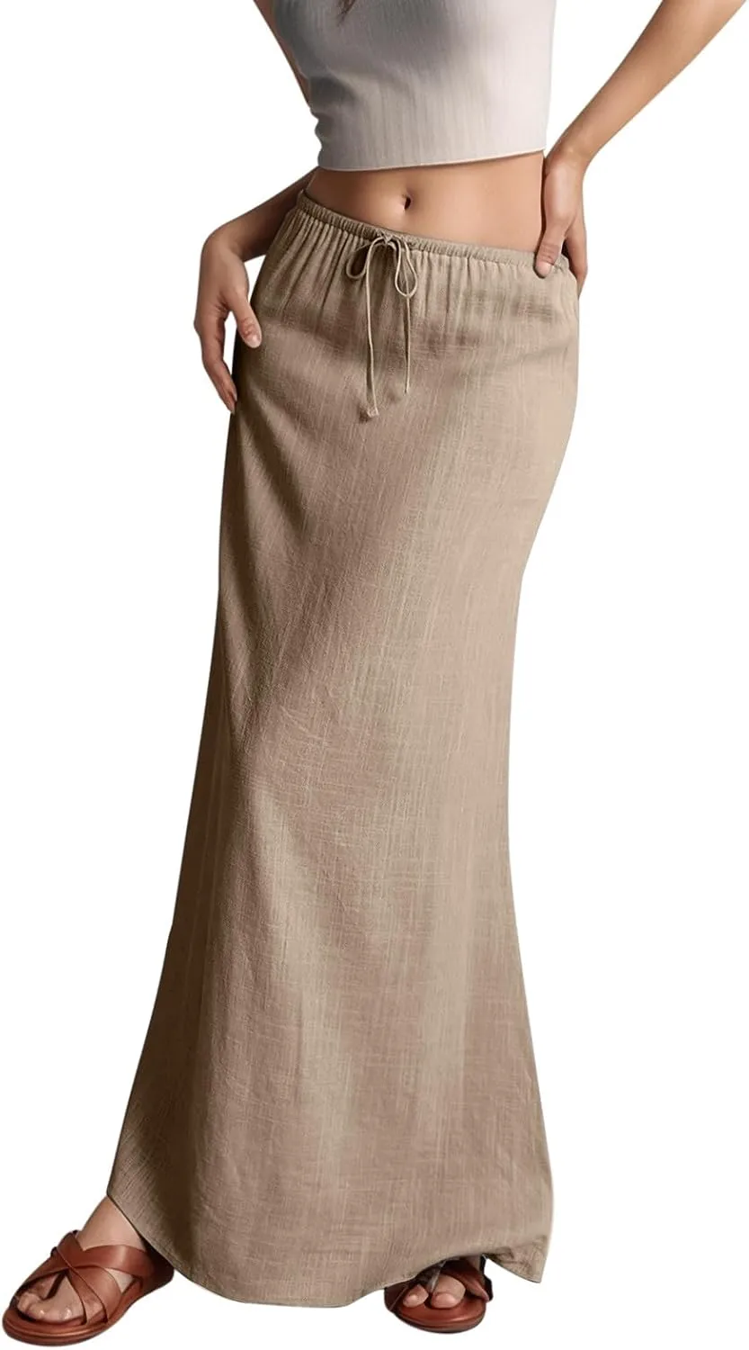Linen Maxi Skirts for Women Trendy Summer Comfy Drawstring A Line Skirts Casual Beach Vacation Boho Flowy Long Skirts