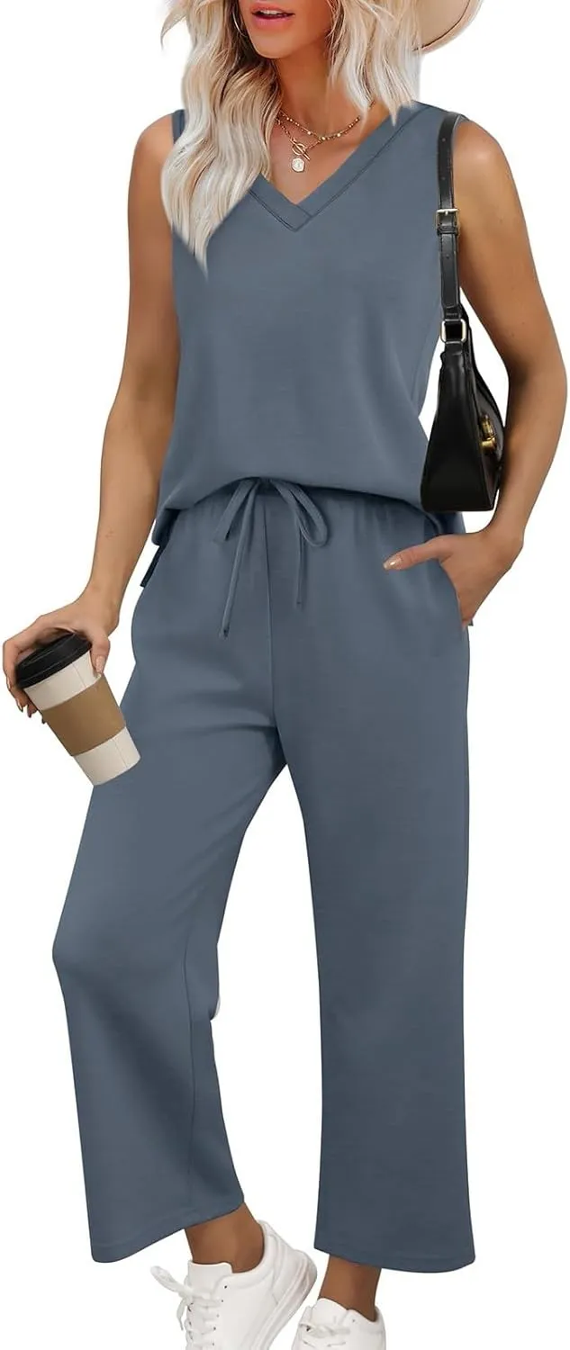 Linen Sets for Women 2 Piece Summer Lounge V Neck Tops Wide Leg Crop Pants Vacation Travel Outfits