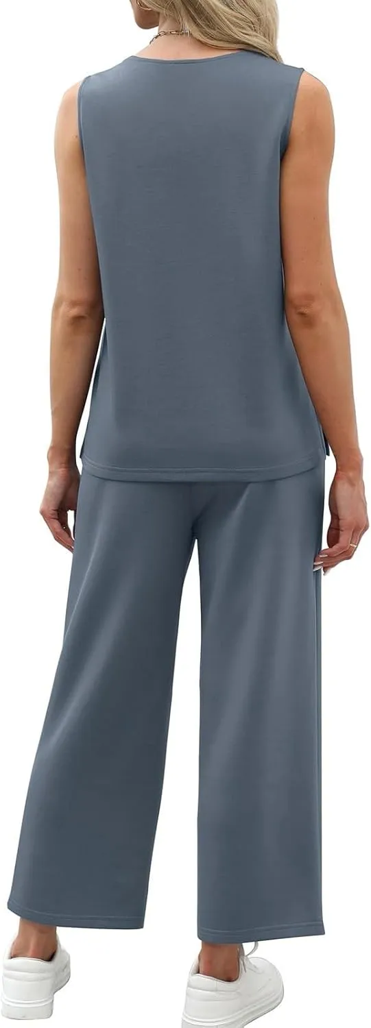 Linen Sets for Women 2 Piece Summer Lounge V Neck Tops Wide Leg Crop Pants Vacation Travel Outfits