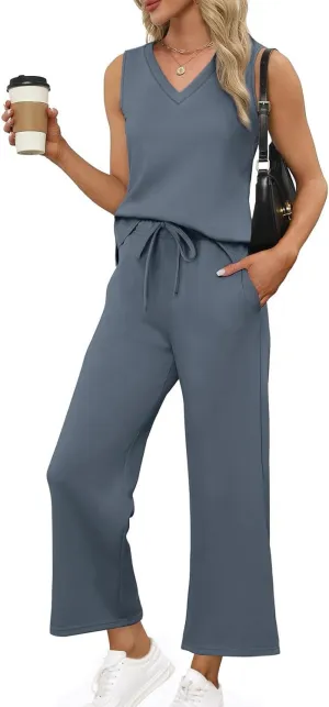 Linen Sets for Women 2 Piece Summer Lounge V Neck Tops Wide Leg Crop Pants Vacation Travel Outfits