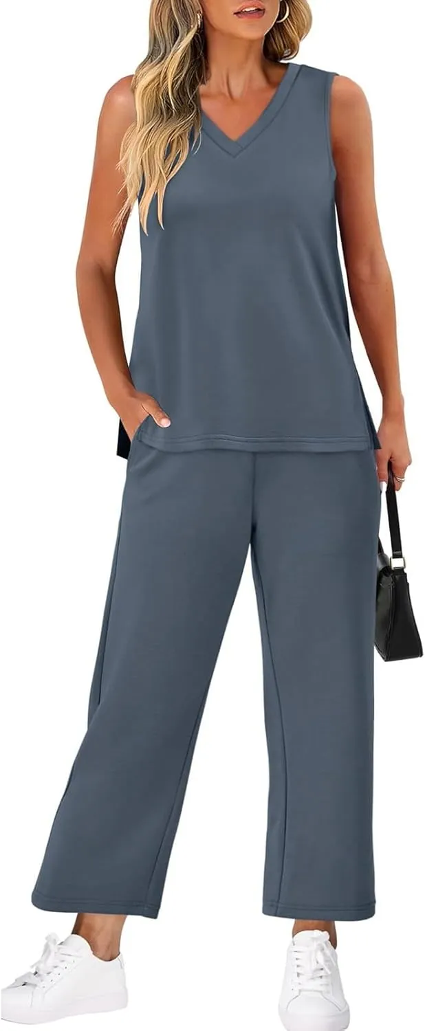 Linen Sets for Women 2 Piece Summer Lounge V Neck Tops Wide Leg Crop Pants Vacation Travel Outfits