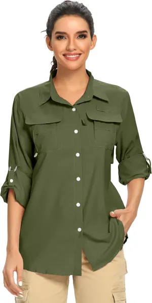 linlon Womens Safari Shirts Long Sleeve UV Protection Hiking Fishing UPF 50  Quick Dry Cooling Camping Travel Shirts