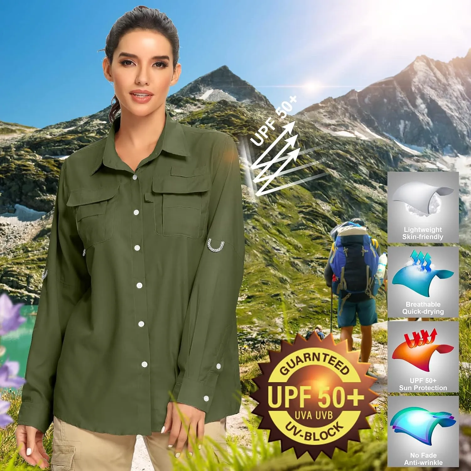 linlon Womens Safari Shirts Long Sleeve UV Protection Hiking Fishing UPF 50  Quick Dry Cooling Camping Travel Shirts