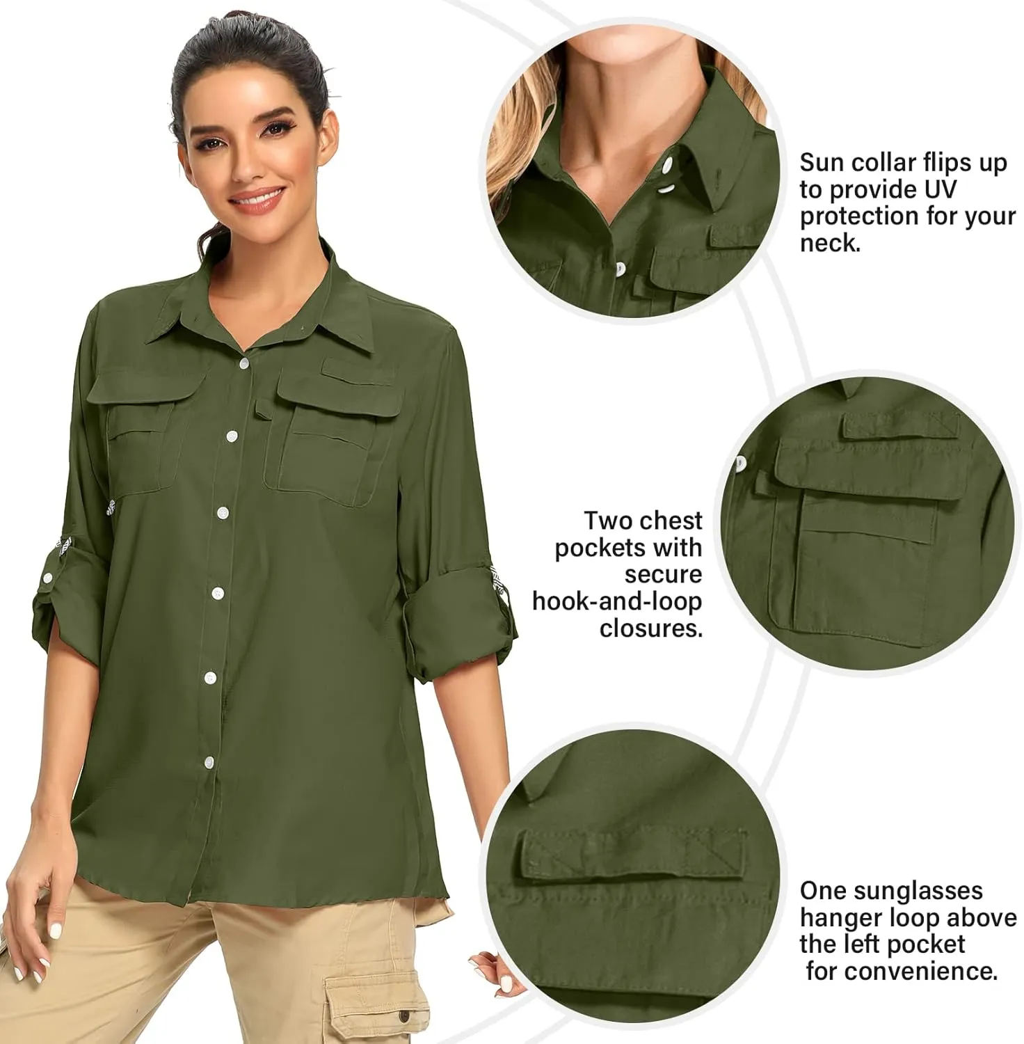 linlon Womens Safari Shirts Long Sleeve UV Protection Hiking Fishing UPF 50  Quick Dry Cooling Camping Travel Shirts