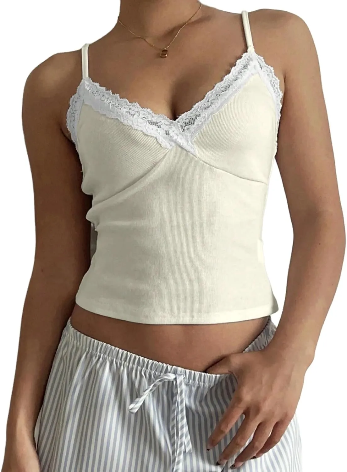 LOFAAC Women Sexy Spaghetti Strap Lace Patchwork Crop Cami Shirt Cute Slim Fit Sleeveless V Neck Going Out Lace Camisole