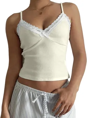 LOFAAC Women Sexy Spaghetti Strap Lace Patchwork Crop Cami Shirt Cute Slim Fit Sleeveless V Neck Going Out Lace Camisole