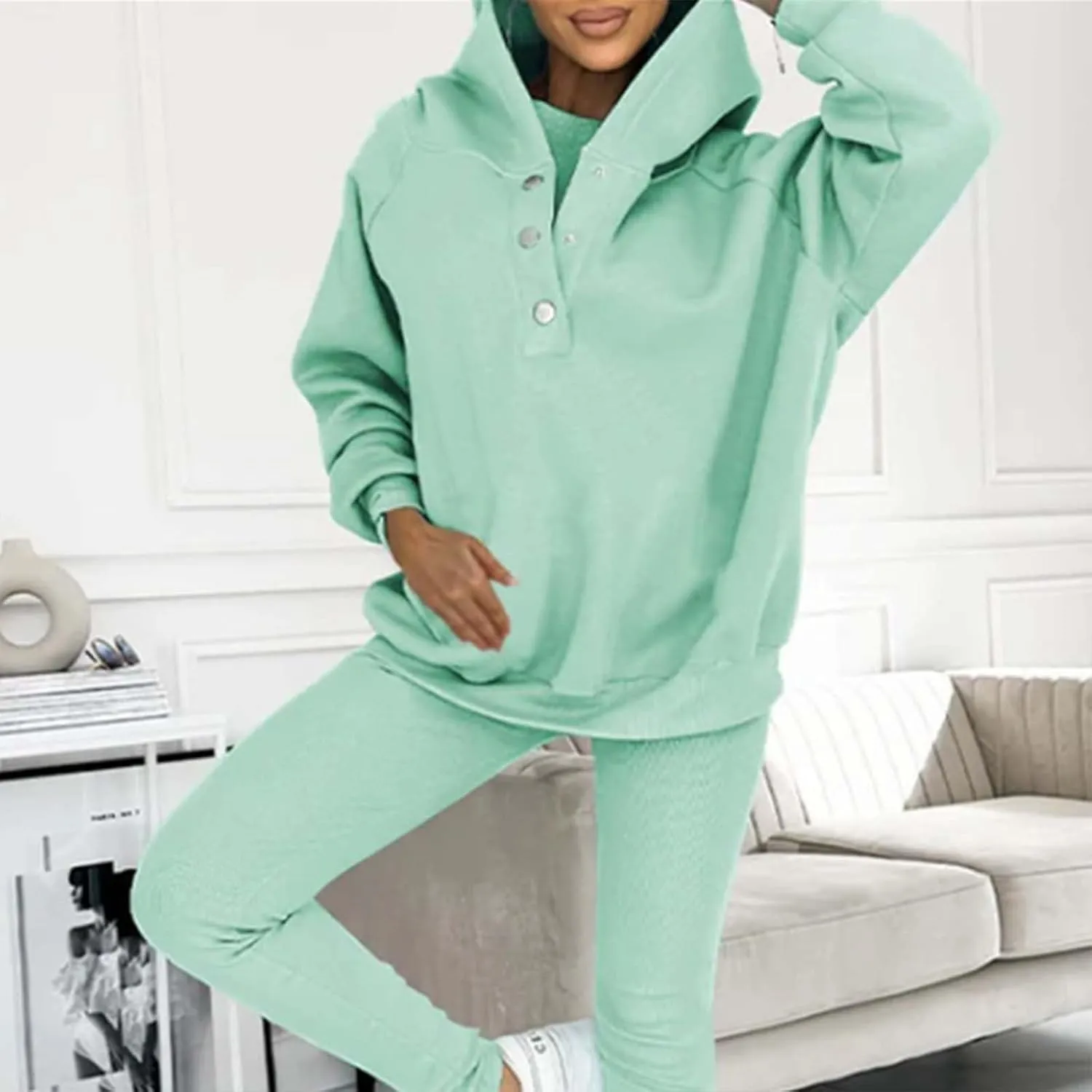 Lounge Sets for Women - 2 Piece Button Thick Outfits Sweatsuit Hoodies with Pants Fall Jogging Track Suits for Women