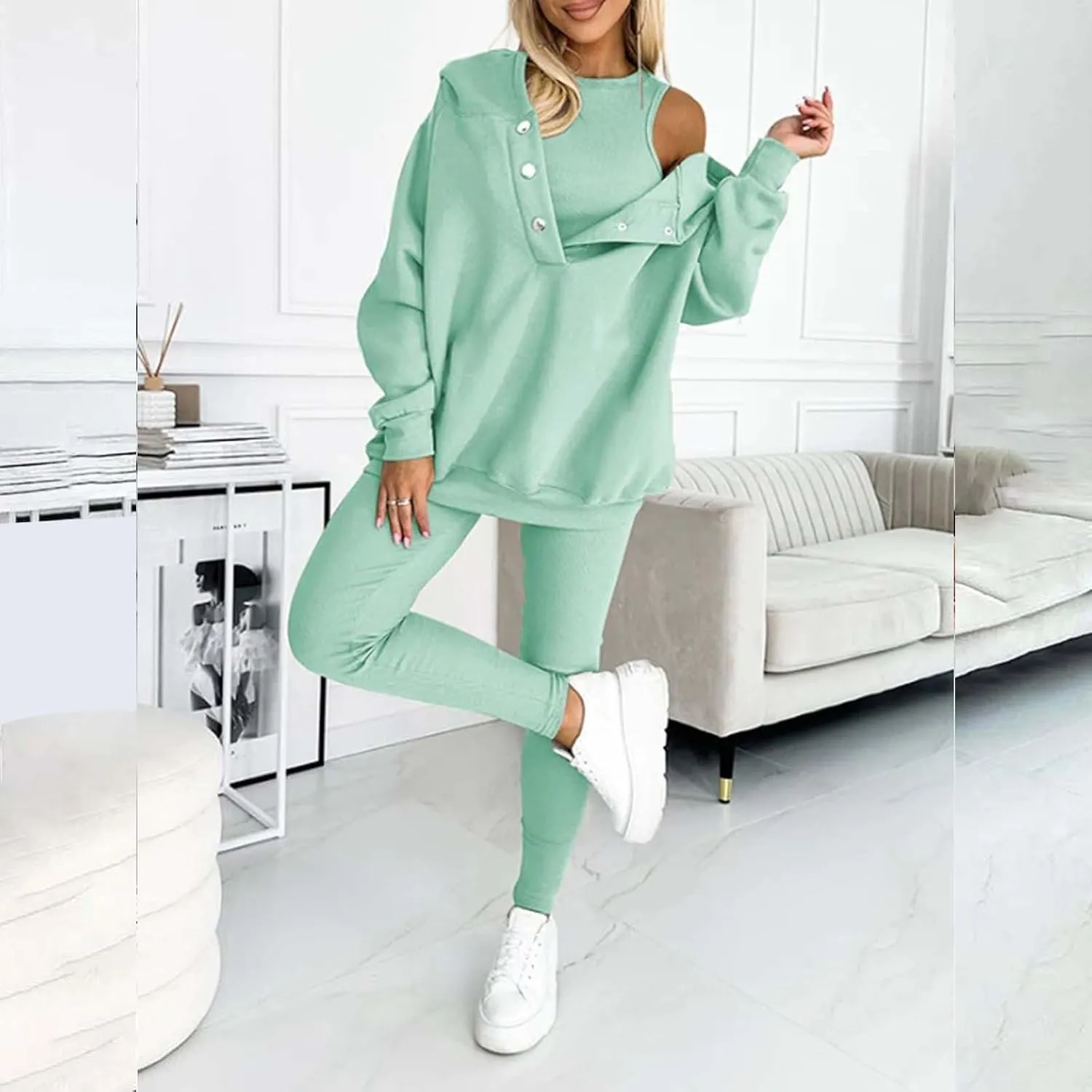 Lounge Sets for Women - 2 Piece Button Thick Outfits Sweatsuit Hoodies with Pants Fall Jogging Track Suits for Women