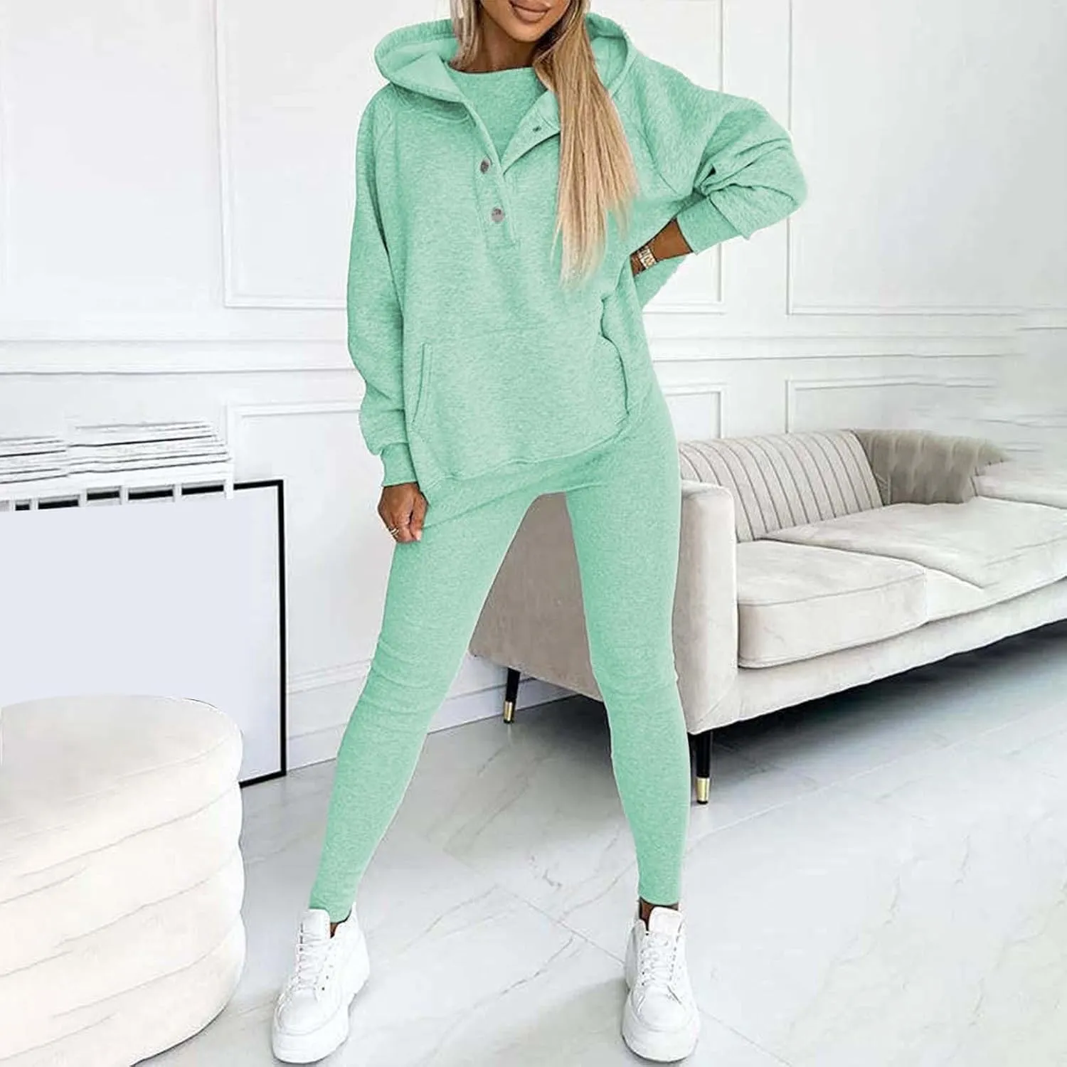 Lounge Sets for Women - 2 Piece Button Thick Outfits Sweatsuit Hoodies with Pants Fall Jogging Track Suits for Women