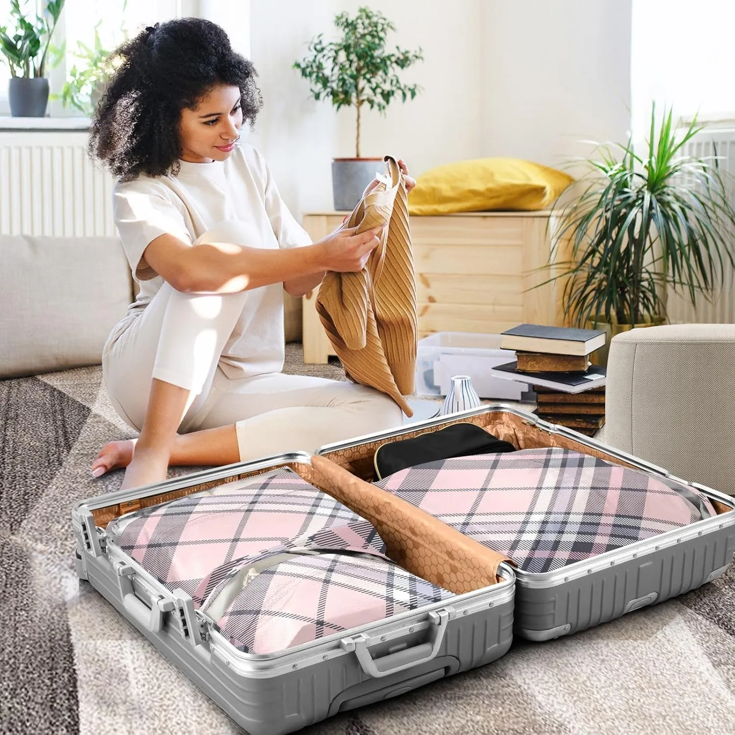 Luggage Space Saver, Luggages Management Personnel, Buffalo Plaid Check Tartan Scotland Pink, With Zipper, 3 Set Travel Packing Cubes For Suitcases, Garment Bag Closet Storage