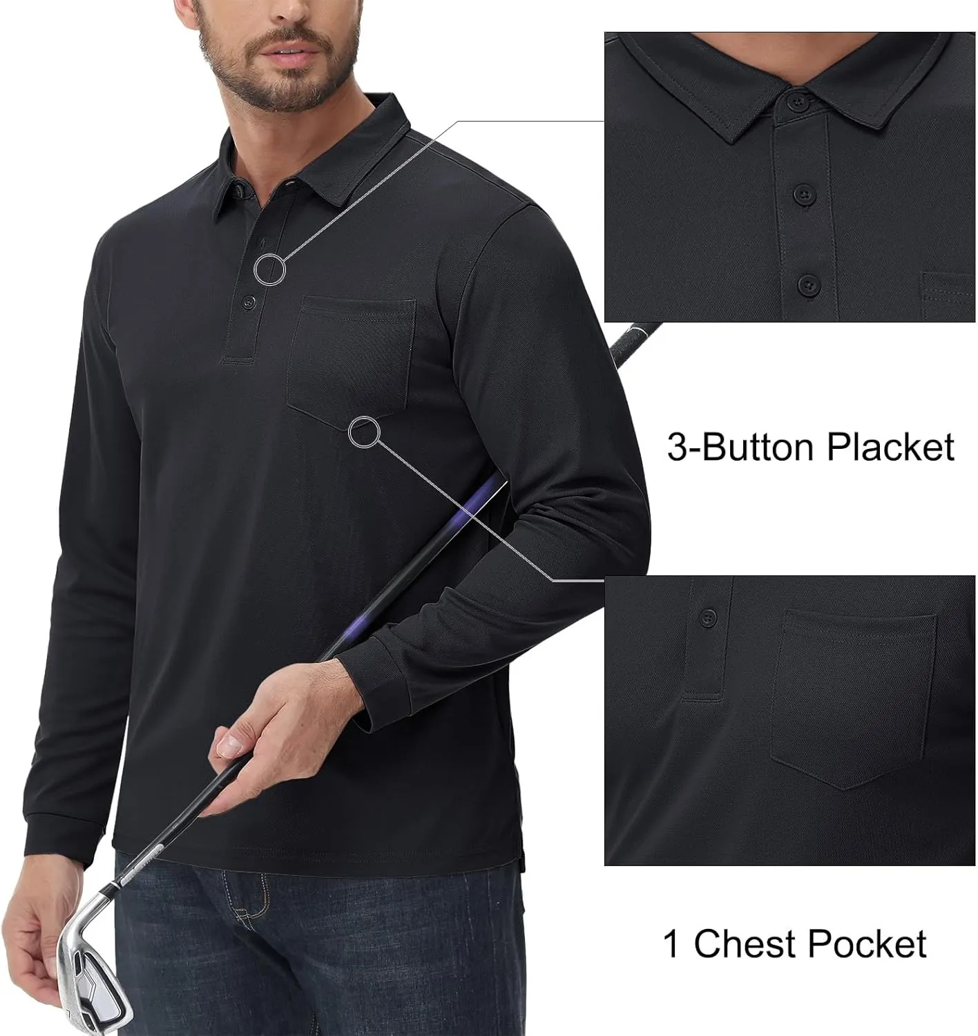 MAGCOMSEN Men's Polo Shirts with Pocket Long Sleeve Golf Quick Dry Shirts Performance Athletic Work Casual Collared Shirt