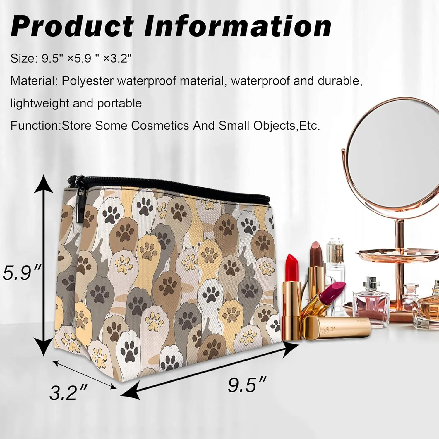 Makeup Bag for Purse, Waterproof Funny Cosmetic Bag for Women, Zipper Travel Toiletry Pouch with Cute Cat Paws Gift 9.55.9 Inch