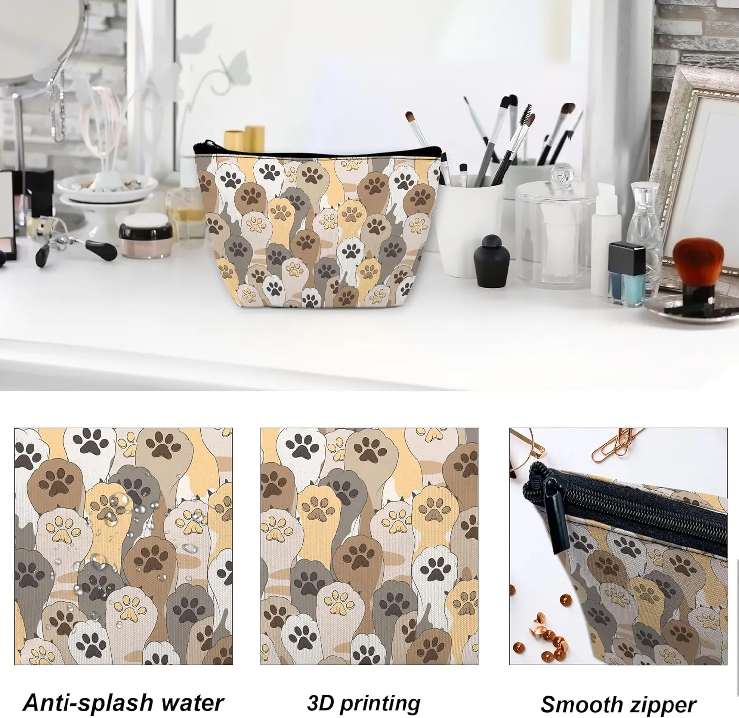 Makeup Bag for Purse, Waterproof Funny Cosmetic Bag for Women, Zipper Travel Toiletry Pouch with Cute Cat Paws Gift 9.55.9 Inch