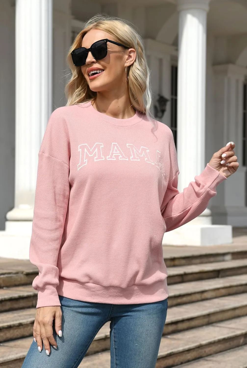 Mama Sweatshirt for Women: Embroidered Mama Shirts Mom Pullover Long Sleeve Tops Waffle Knit Sweatshirts