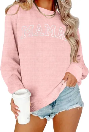 Mama Sweatshirt for Women: Embroidered Mama Shirts Mom Pullover Long Sleeve Tops Waffle Knit Sweatshirts