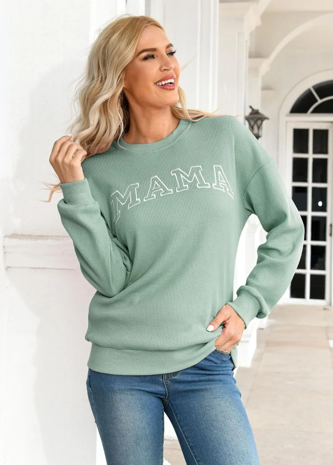 Mama Sweatshirt for Women: Embroidered Mama Shirts Mom Pullover Long Sleeve Tops Waffle Knit Sweatshirts