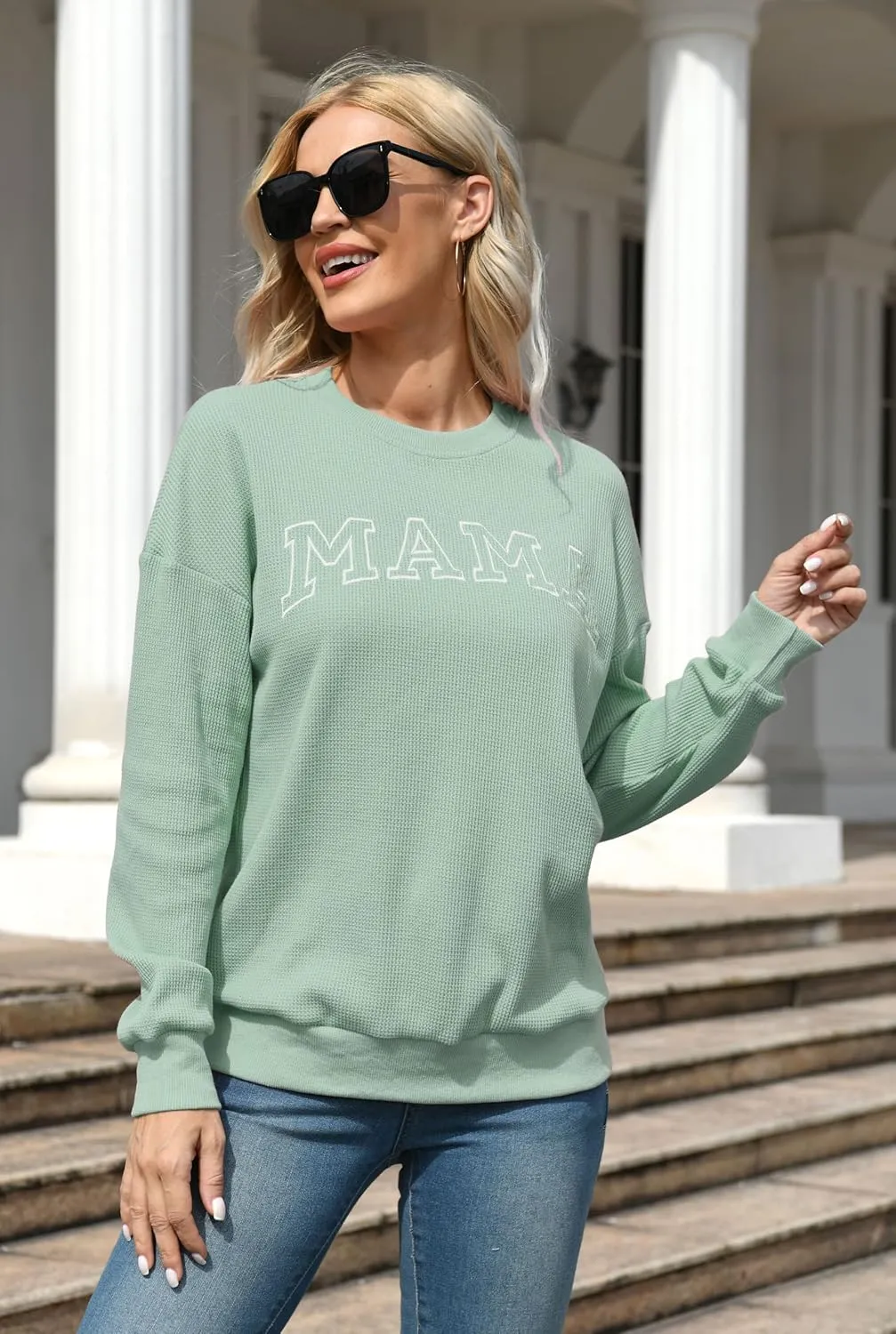 Mama Sweatshirt for Women: Embroidered Mama Shirts Mom Pullover Long Sleeve Tops Waffle Knit Sweatshirts