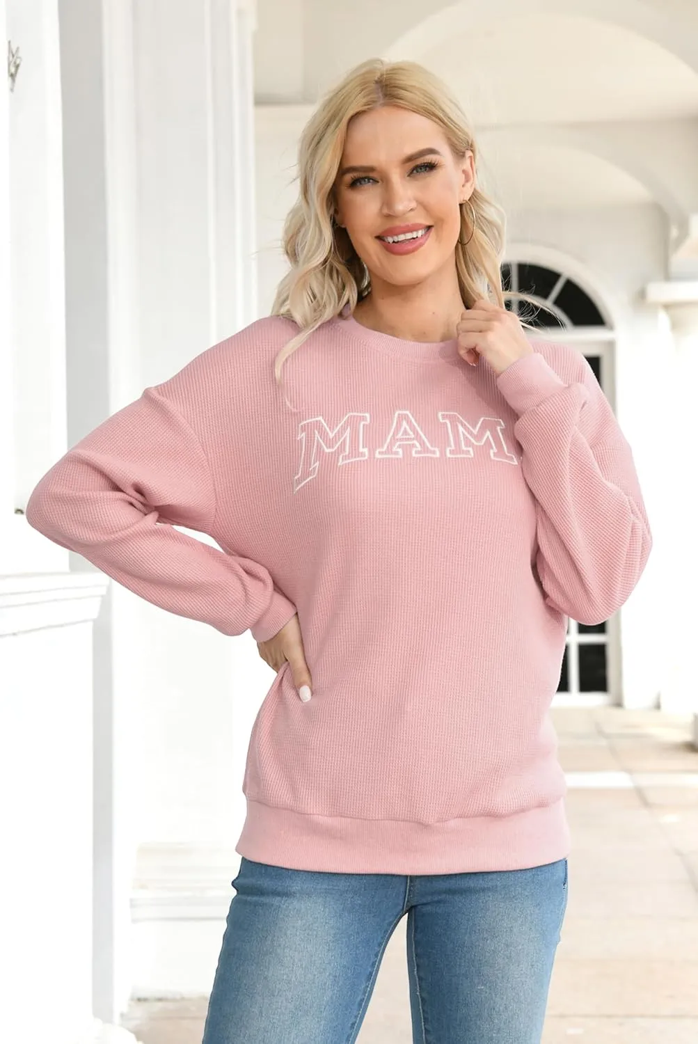 Mama Sweatshirt for Women: Embroidered Mama Shirts Mom Pullover Long Sleeve Tops Waffle Knit Sweatshirts