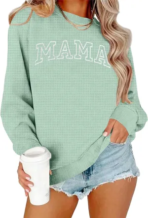 Mama Sweatshirt for Women: Embroidered Mama Shirts Mom Pullover Long Sleeve Tops Waffle Knit Sweatshirts