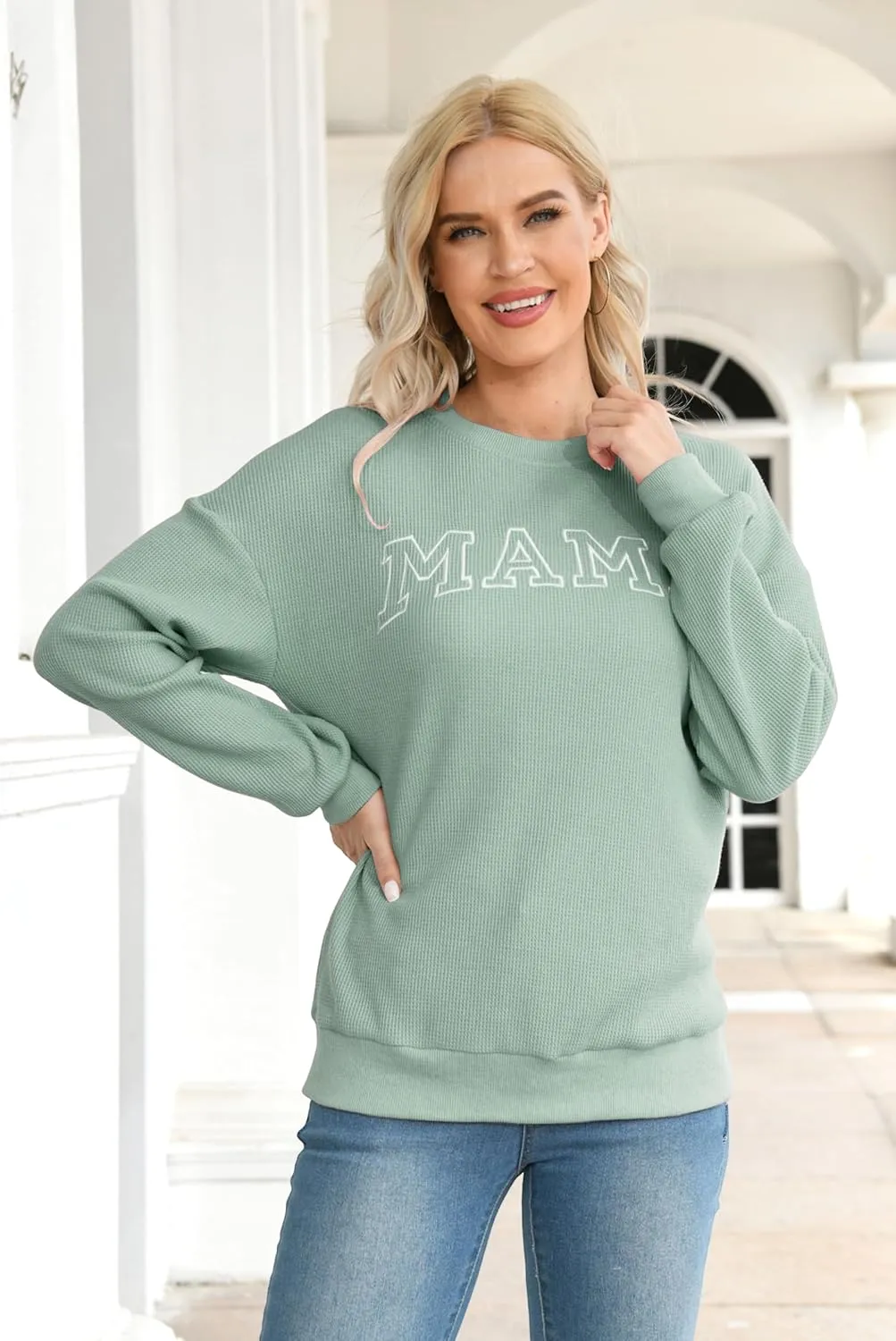 Mama Sweatshirt for Women: Embroidered Mama Shirts Mom Pullover Long Sleeve Tops Waffle Knit Sweatshirts