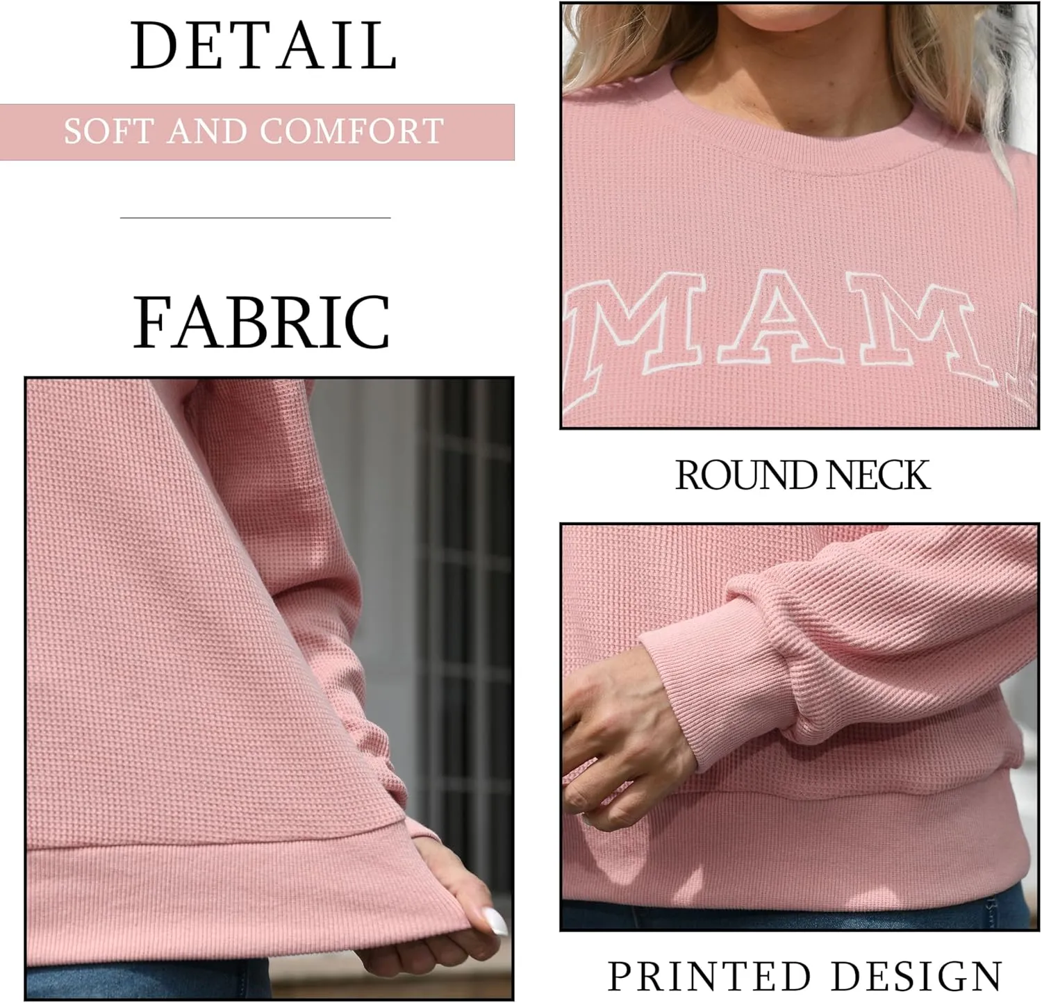 Mama Sweatshirt for Women: Embroidered Mama Shirts Mom Pullover Long Sleeve Tops Waffle Knit Sweatshirts