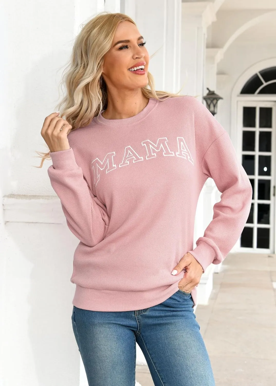 Mama Sweatshirt for Women: Embroidered Mama Shirts Mom Pullover Long Sleeve Tops Waffle Knit Sweatshirts