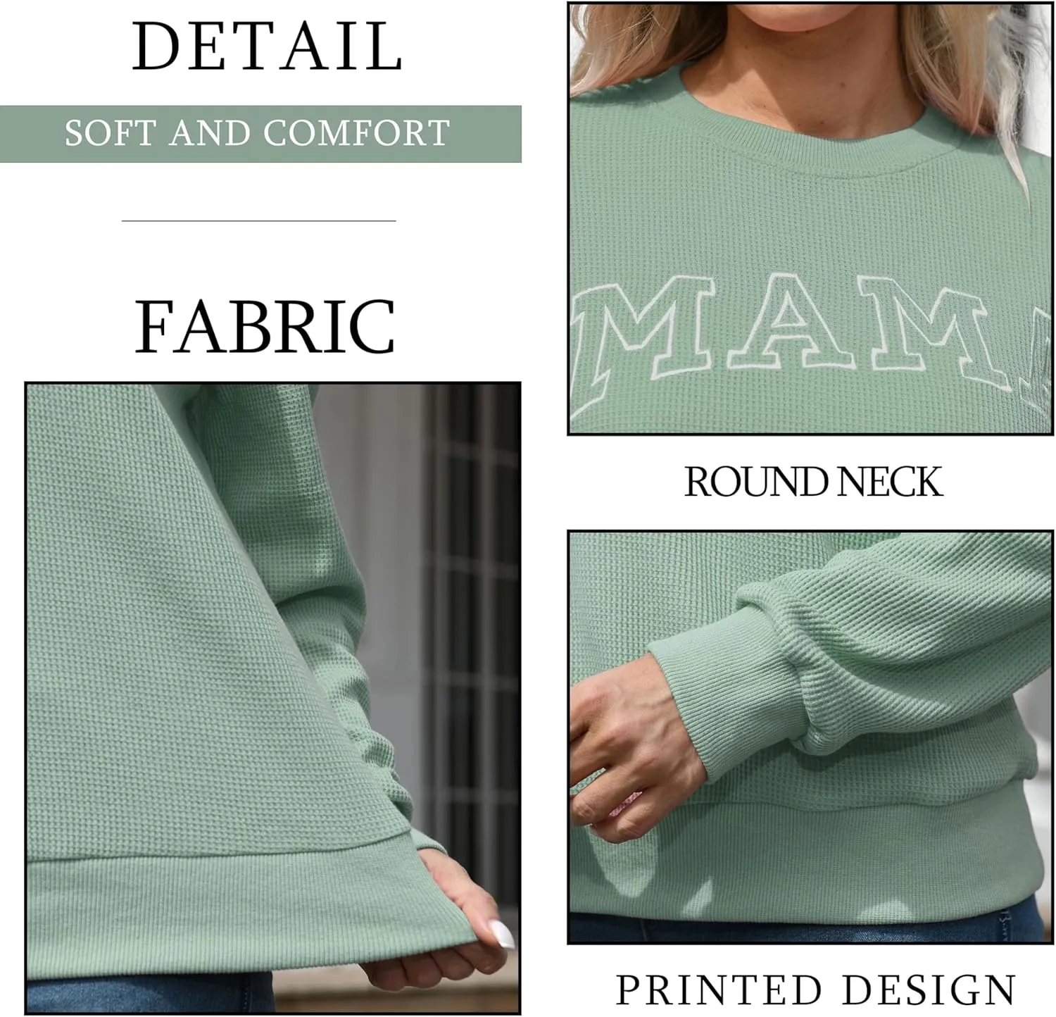 Mama Sweatshirt for Women: Embroidered Mama Shirts Mom Pullover Long Sleeve Tops Waffle Knit Sweatshirts