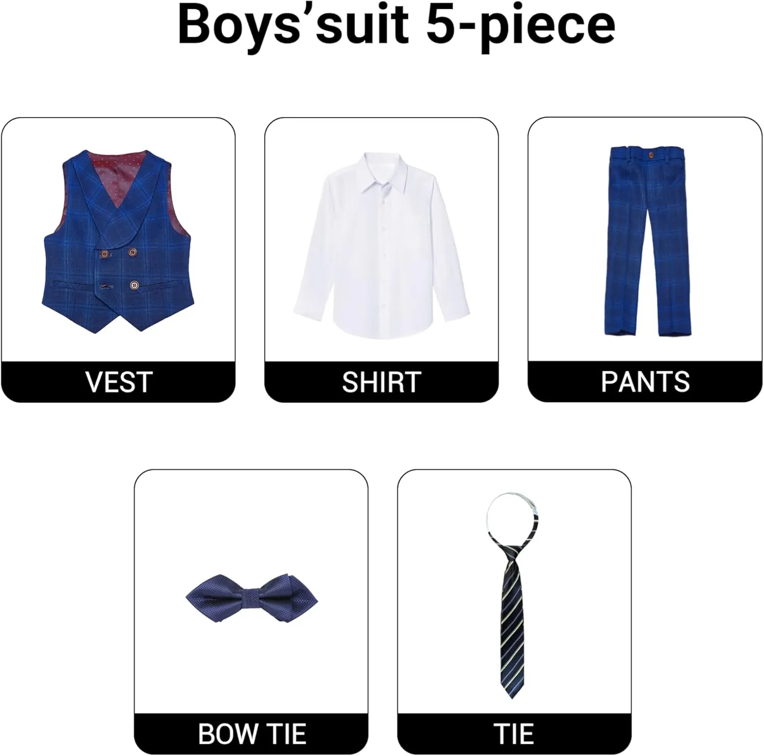 Marvelous World Boys' 5-Piece Formal Vest Suit Set, Vest, Pants, Dress Shirt, Tie and Bowtie