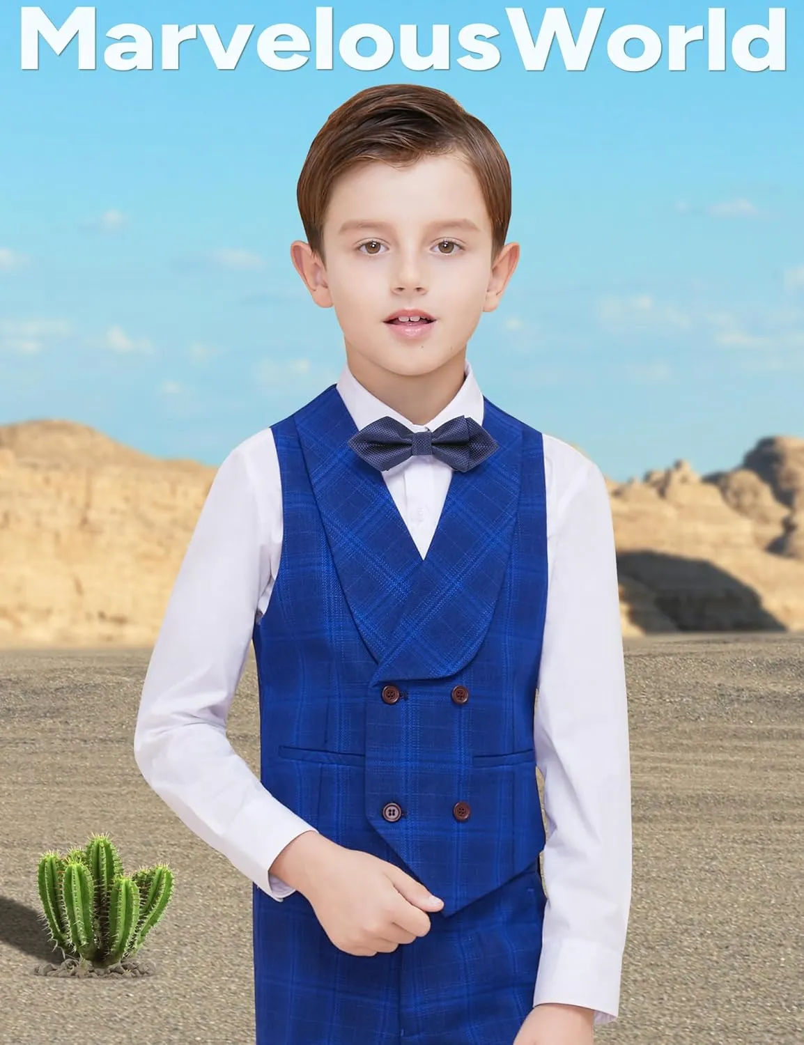 Marvelous World Boys' 5-Piece Formal Vest Suit Set, Vest, Pants, Dress Shirt, Tie and Bowtie