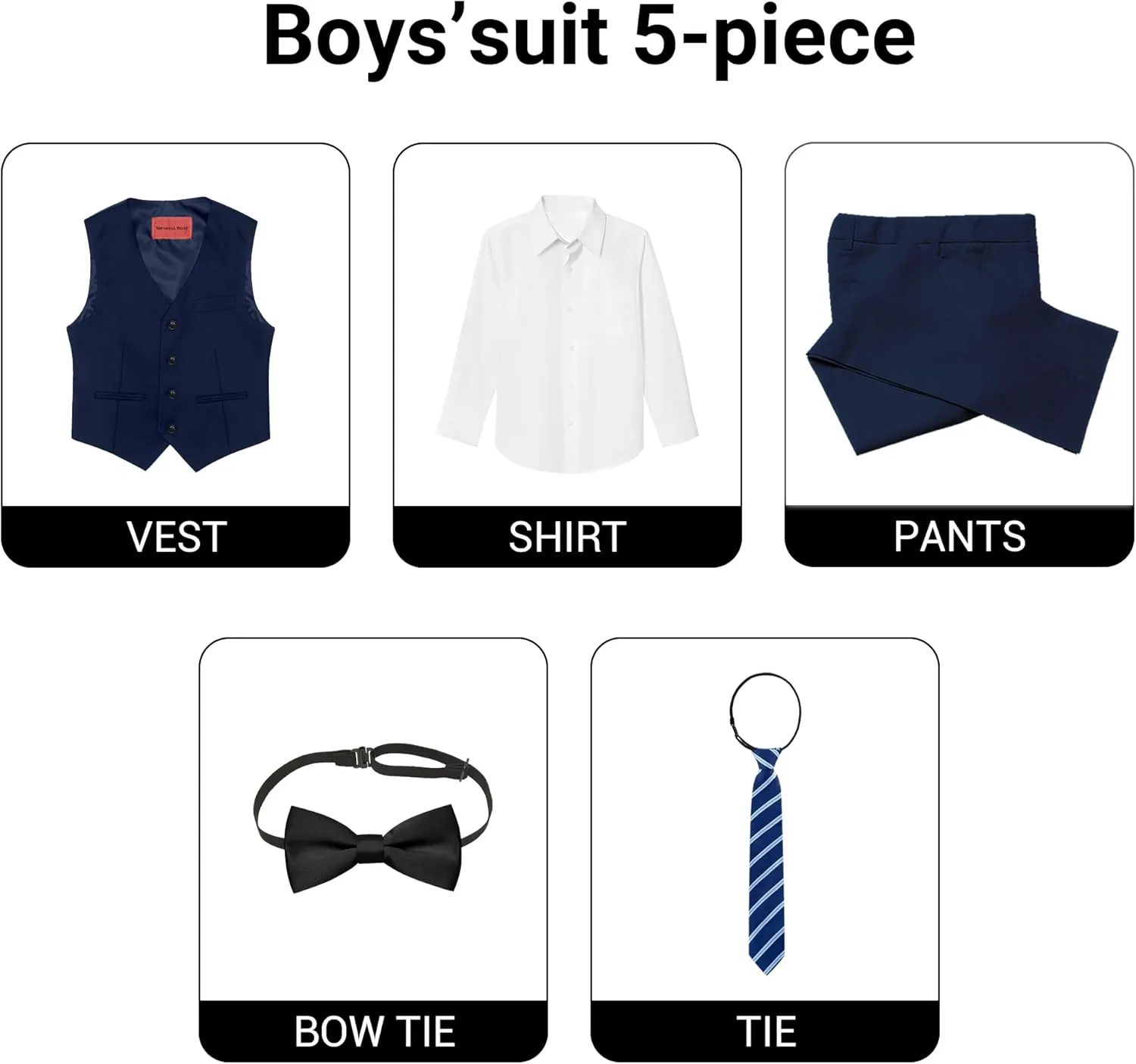 Marvelous World Boys' 5-Piece Formal Vest Suit Set, Vest, Pants, Dress Shirt, Tie and Bowtie