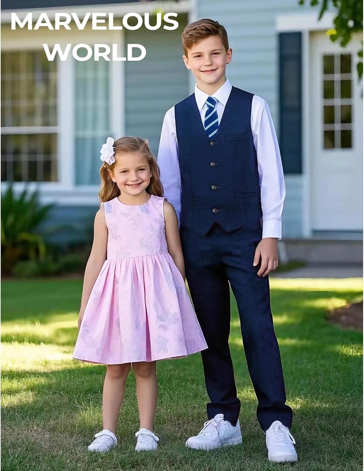 Marvelous World Boys' 5-Piece Formal Vest Suit Set, Vest, Pants, Dress Shirt, Tie and Bowtie