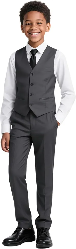 Marvelous World Boys' 5-Piece Formal Vest Suit Set, Vest, Pants, Dress Shirt, Tie and Bowtie