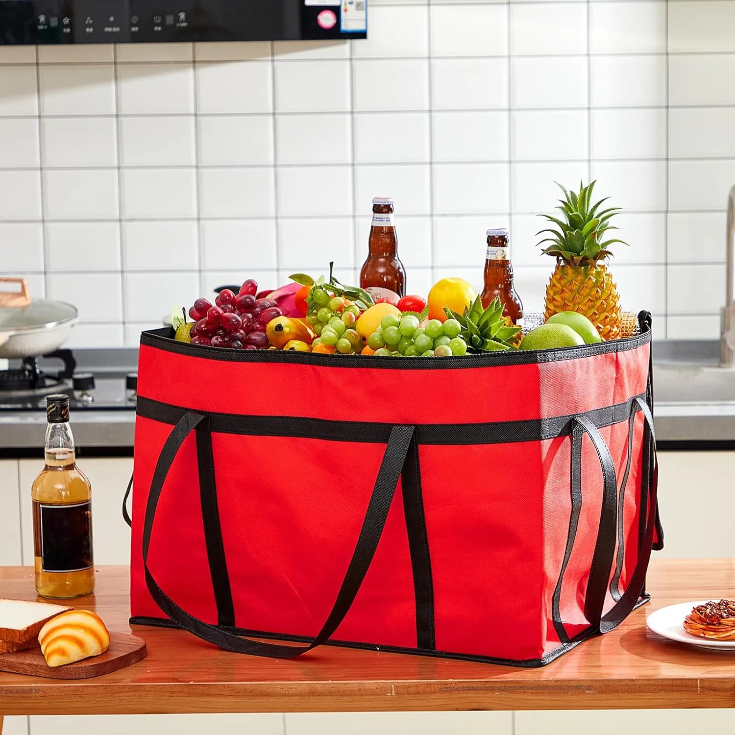 Maxcheck Insulated Food Delivery Bag XXXL Large Capacity Hot Cold Grocery Tote Bag Reusable Warming Cooler Pizza Catering Carrier for Commercial Travel Lunch Shopping Gifts(Red,6)