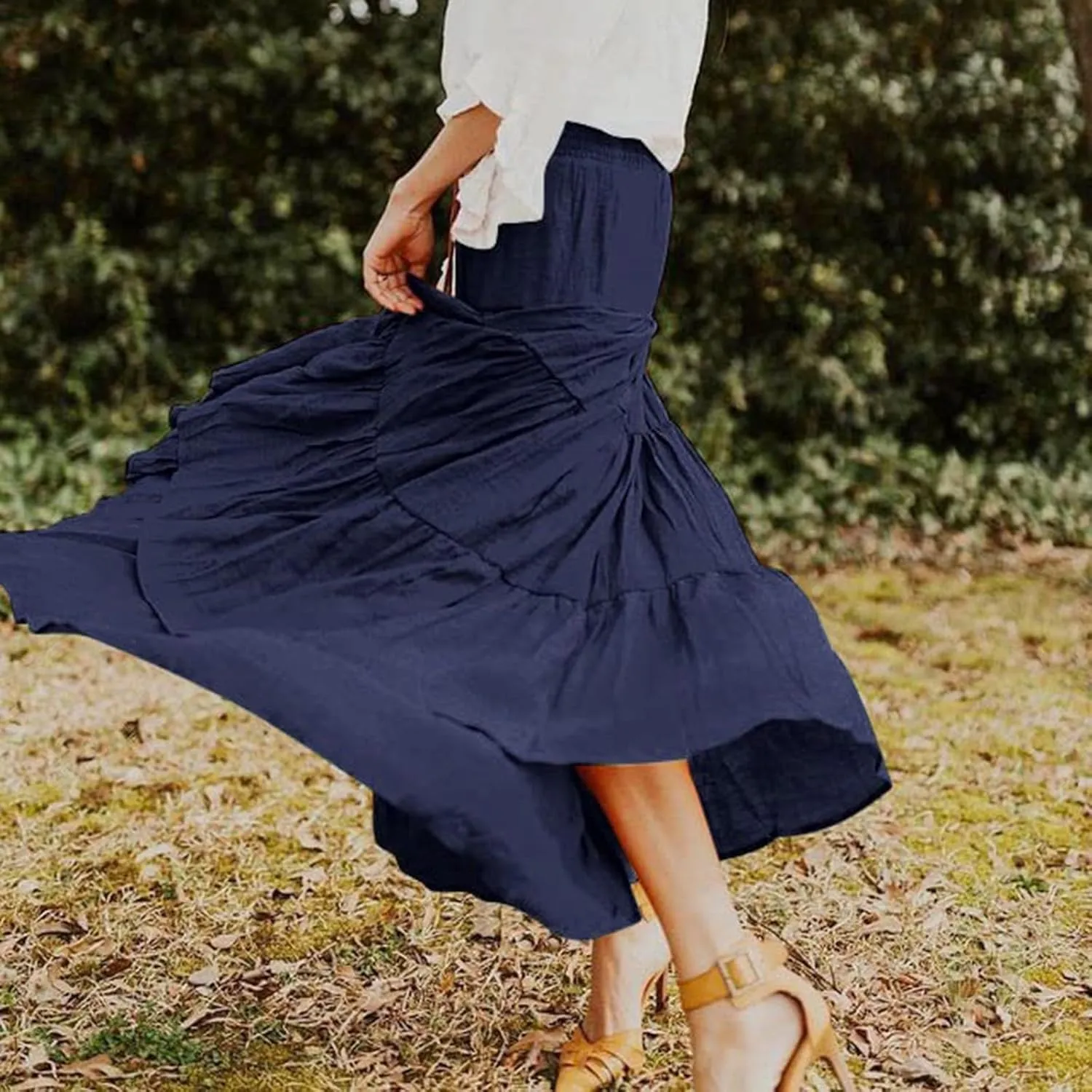 Maxi Skirts for Women 2025 Trendy Summer A Line Long Skirt Drawstring High Waisted Tiered Flowy Pleated Skirt with Pockets