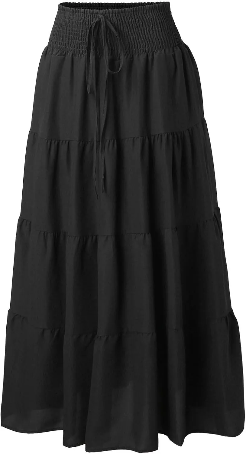 Maxi Skirts for Women 2025 Trendy Summer A Line Long Skirt Drawstring High Waisted Tiered Flowy Pleated Skirt with Pockets