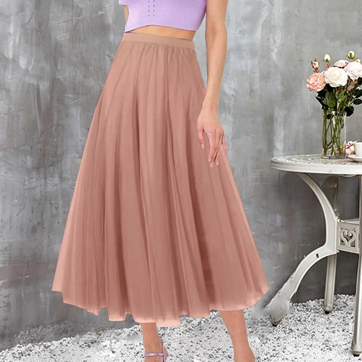 Maxi Skirts for Women Casual High Waisted Flowy Pleated A Line Midi Length Plain Skirt Trendy Cute Vacation Dress