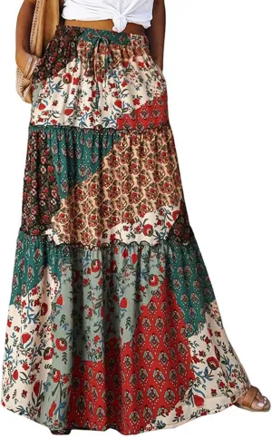 Maxi Skirts for Women Summer Floral Pleated Tiered Boho Flowy Elastic Waist Aline Spring Beach Vacation Long Skirt