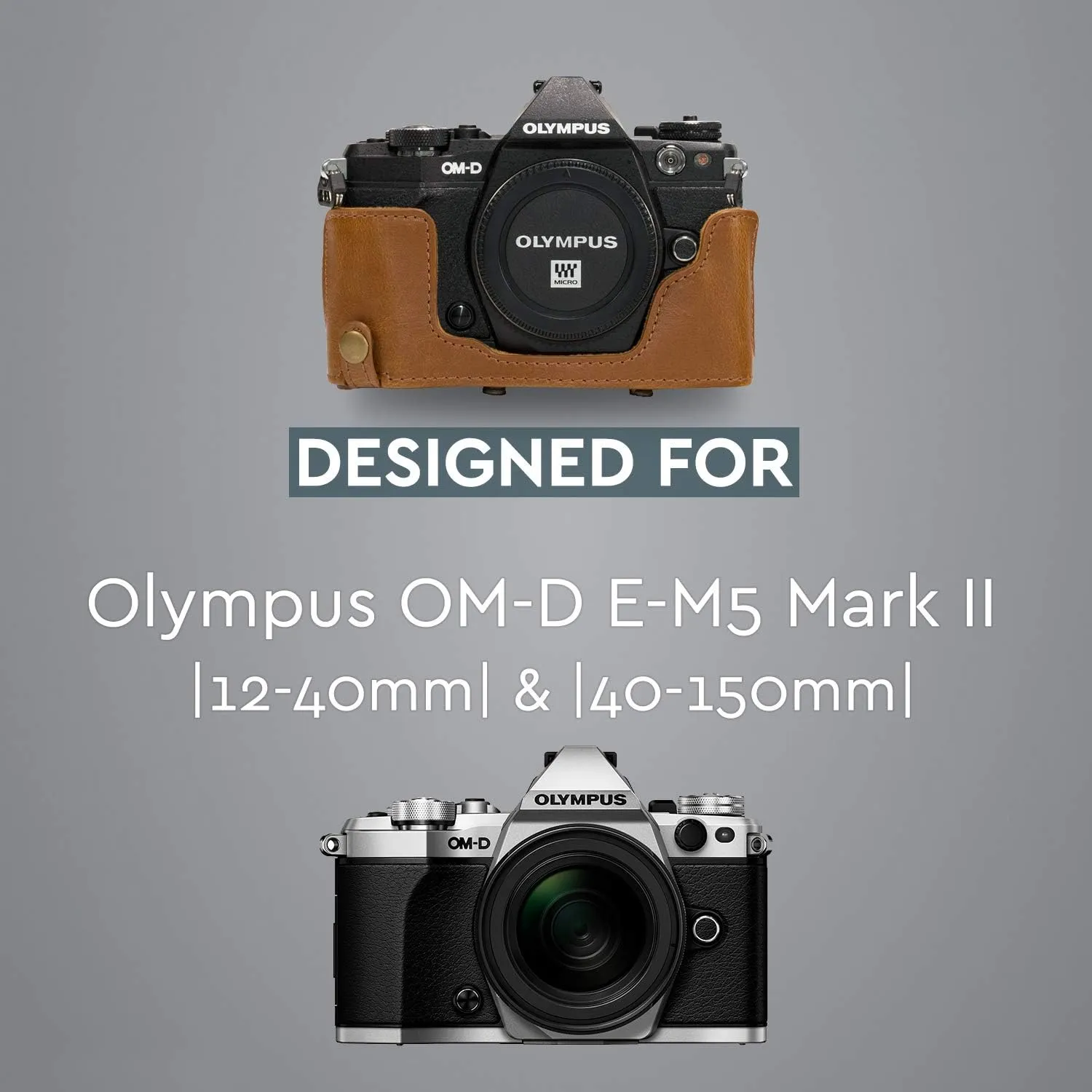 MegaGear Ever Ready Protective Leather Camera Case, Bag for Olympus OM-D E-M5 Mark II with 12-40mm and 40-150mm Lenses (Light Brown) (MG563)