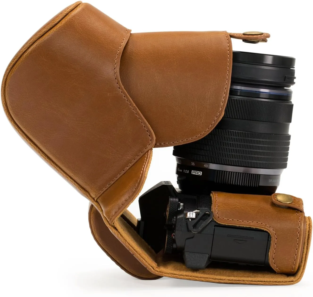 MegaGear Ever Ready Protective Leather Camera Case, Bag for Olympus OM-D E-M5 Mark II with 12-40mm and 40-150mm Lenses (Light Brown) (MG563)